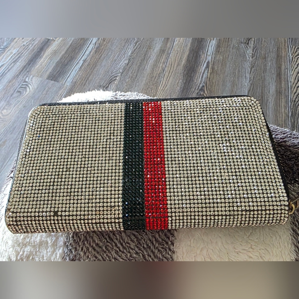 Handmade Rhinestone Clutch with Red and Green Stripe